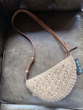 The Sak Woven Half-Moon Crossbody in Natural and Brown